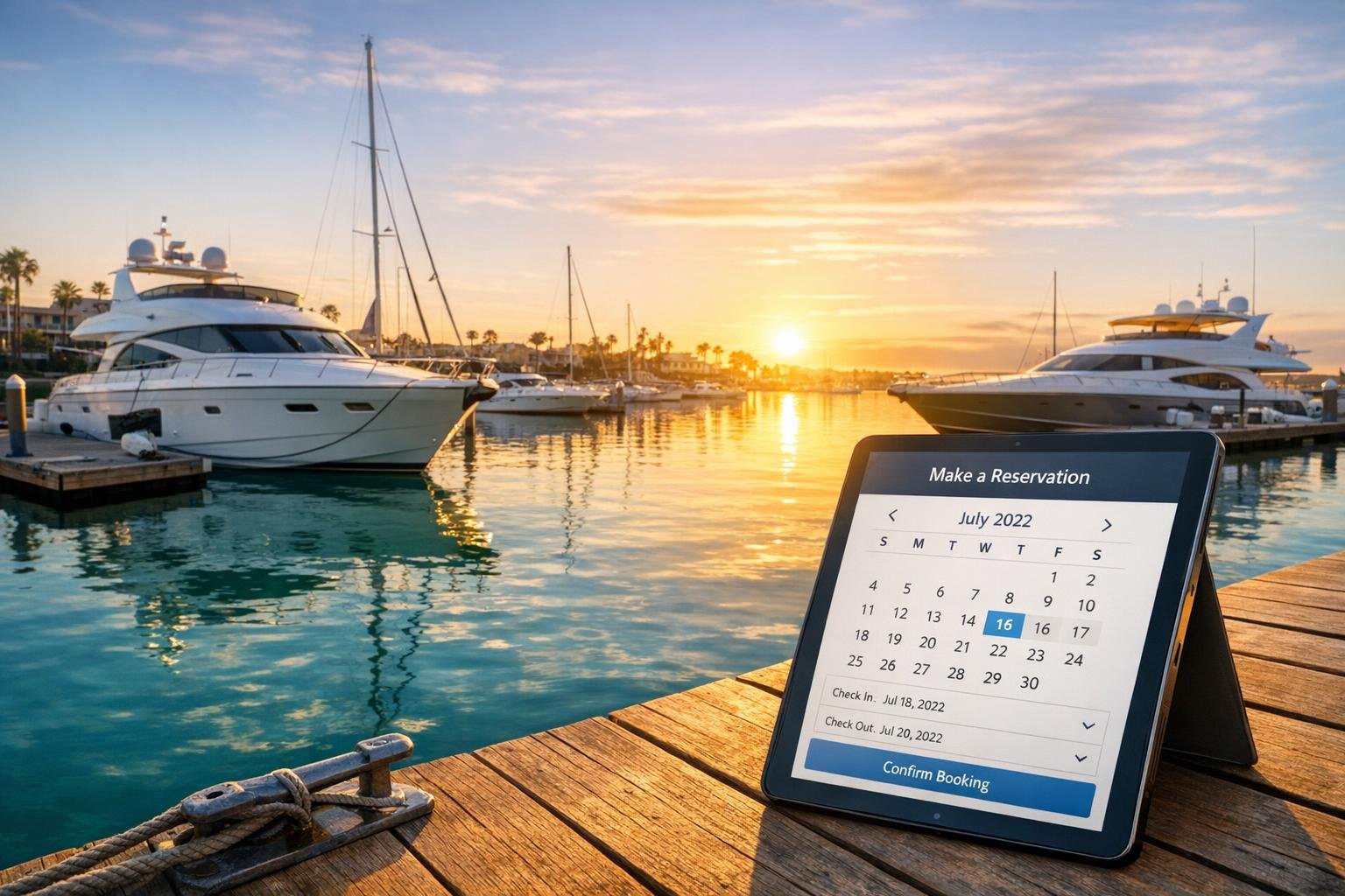 Marina dock at sunrise with boats and a booking tablet in the foreground showing a reservation calendar.