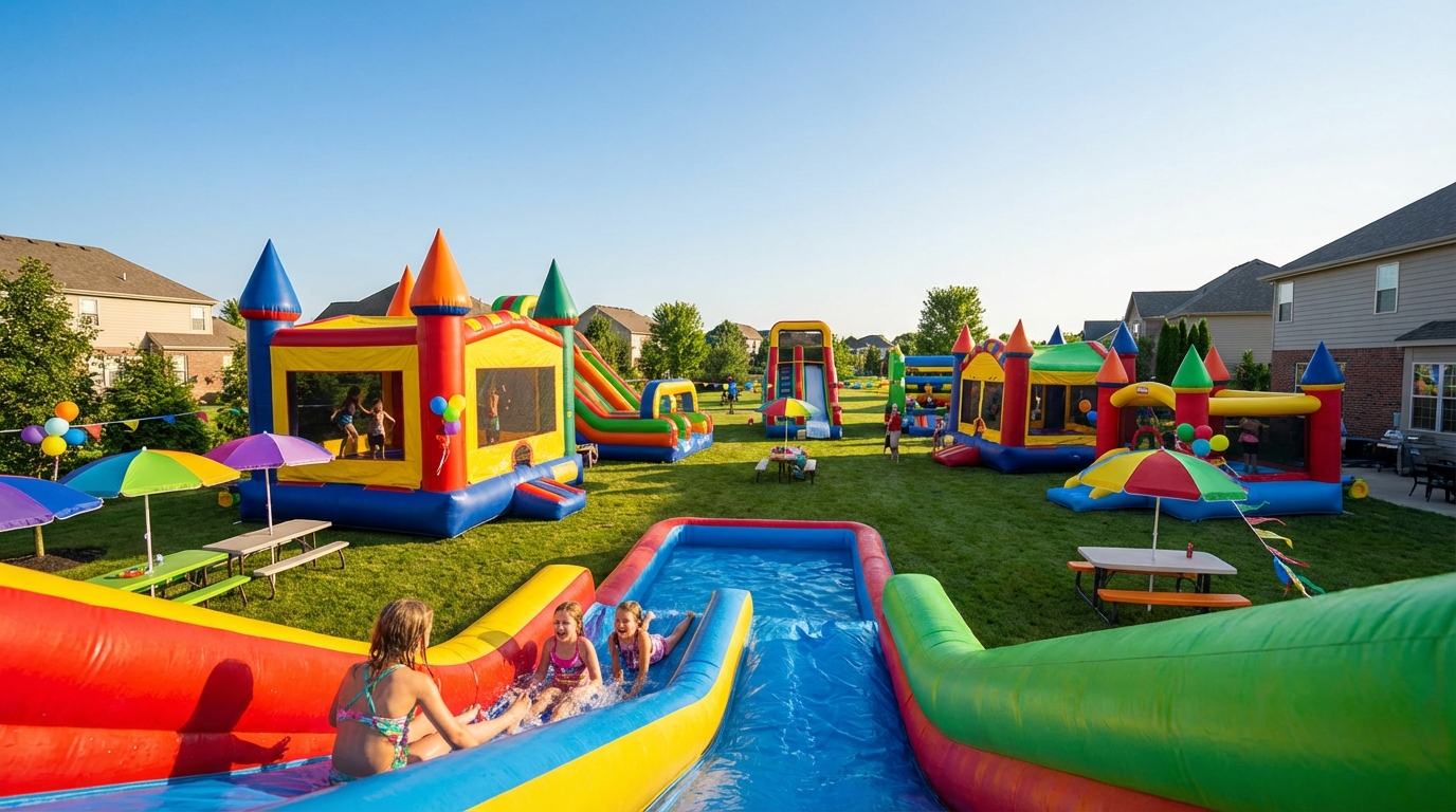 Colorful bounce houses and inflatable water slides set up at an outdoor birthday party with blue sky.