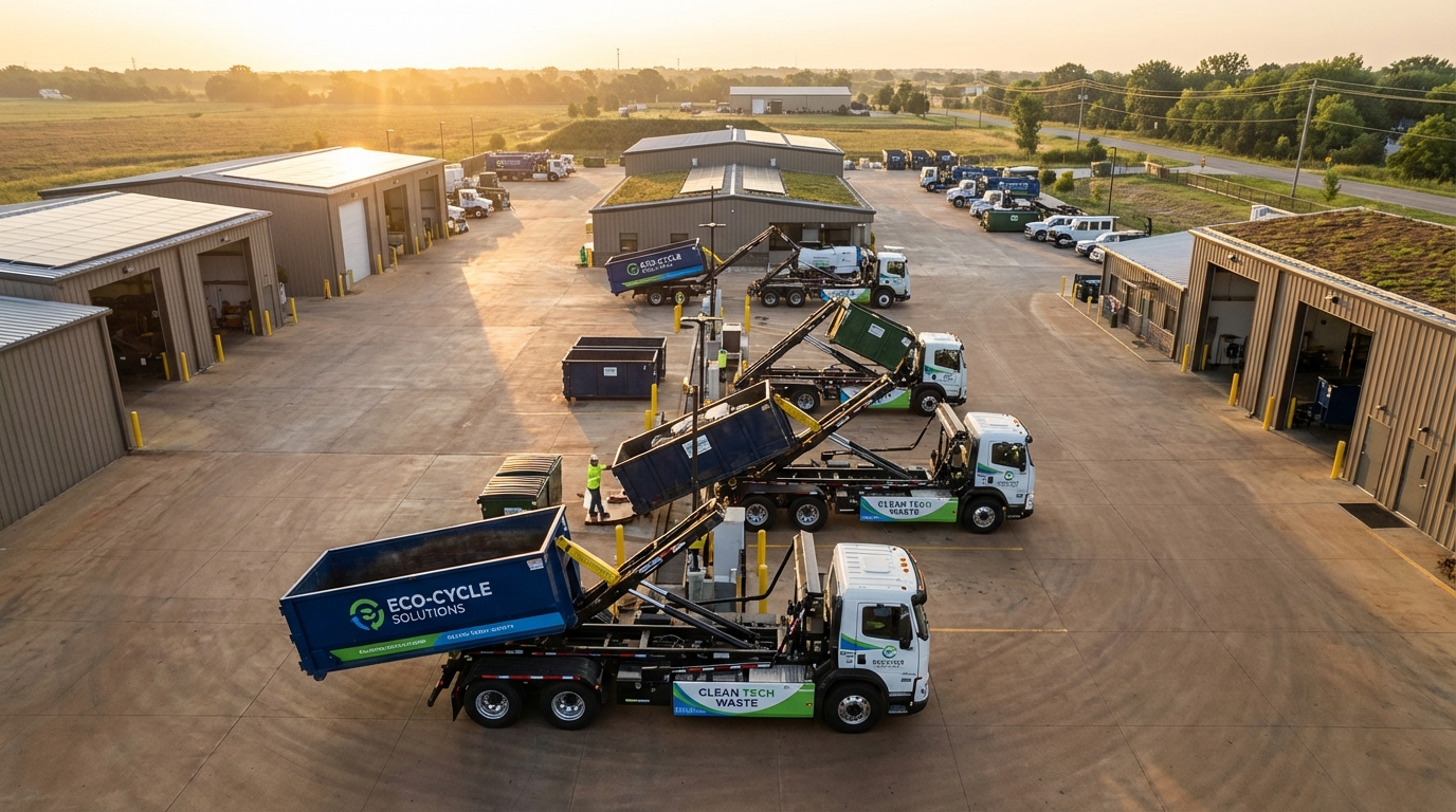 Aerial view of a modern dumpster rental dispatch yard with roll-off trucks and containers organized for daily routes.