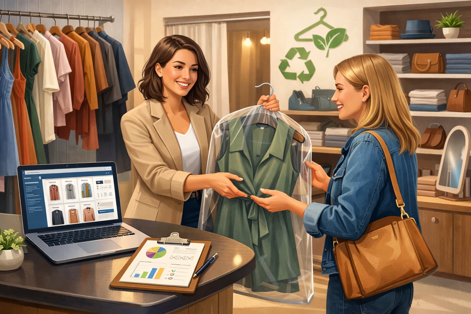 A person handing clothing to a customer in a boutique filled with racks of clothes, a laptop showing a website, and business materials on a desk.