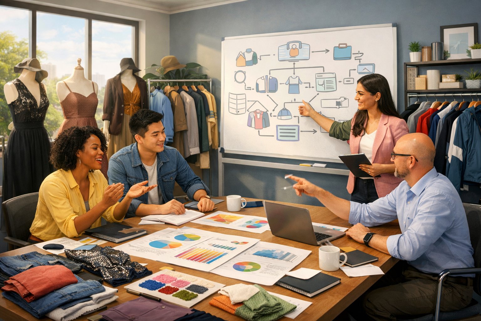 A group of people in an office discussing clothing samples and business plans with mannequins and racks of different clothing styles around them.