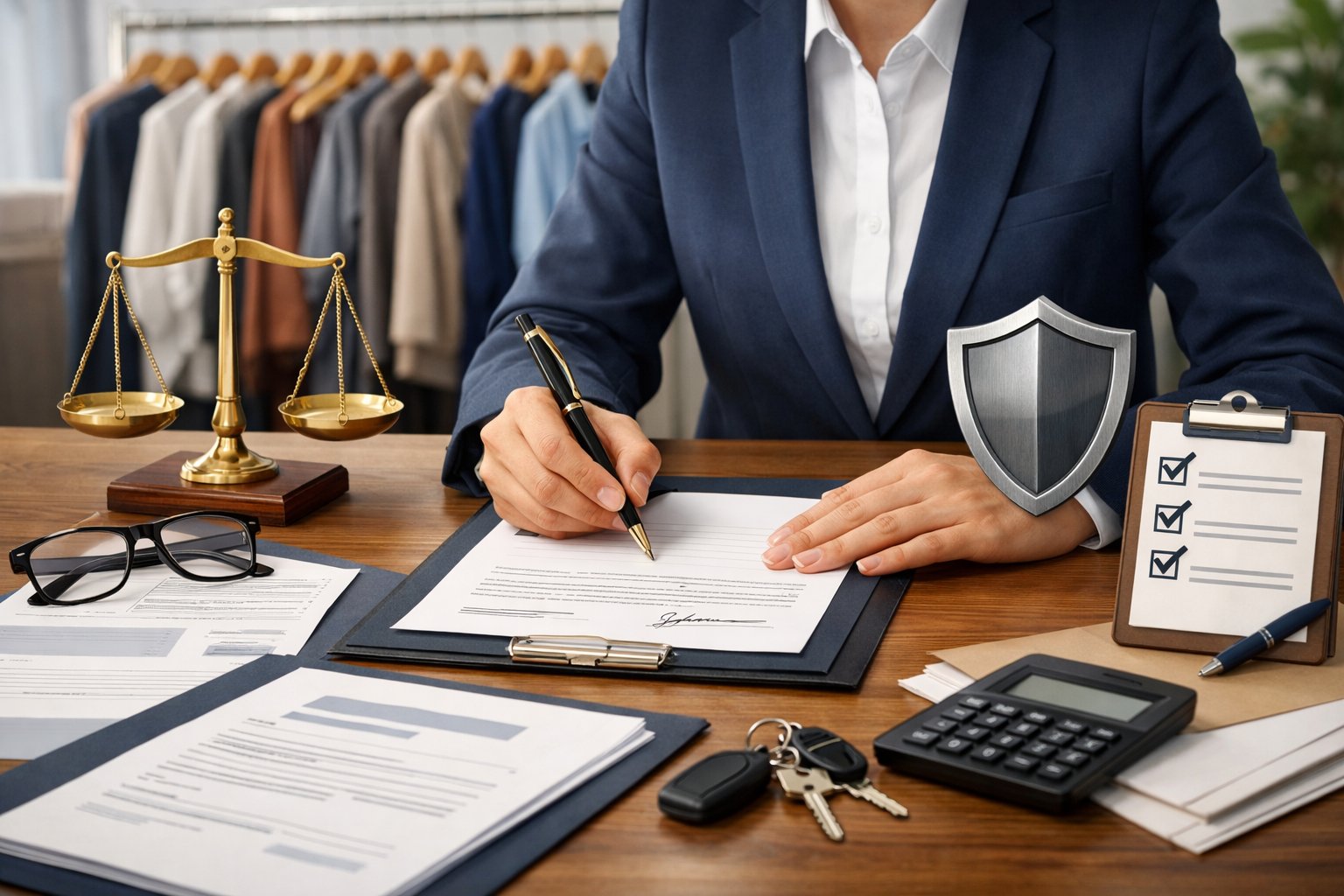 A person reviewing legal and insurance documents at a desk with clothing racks in the background.