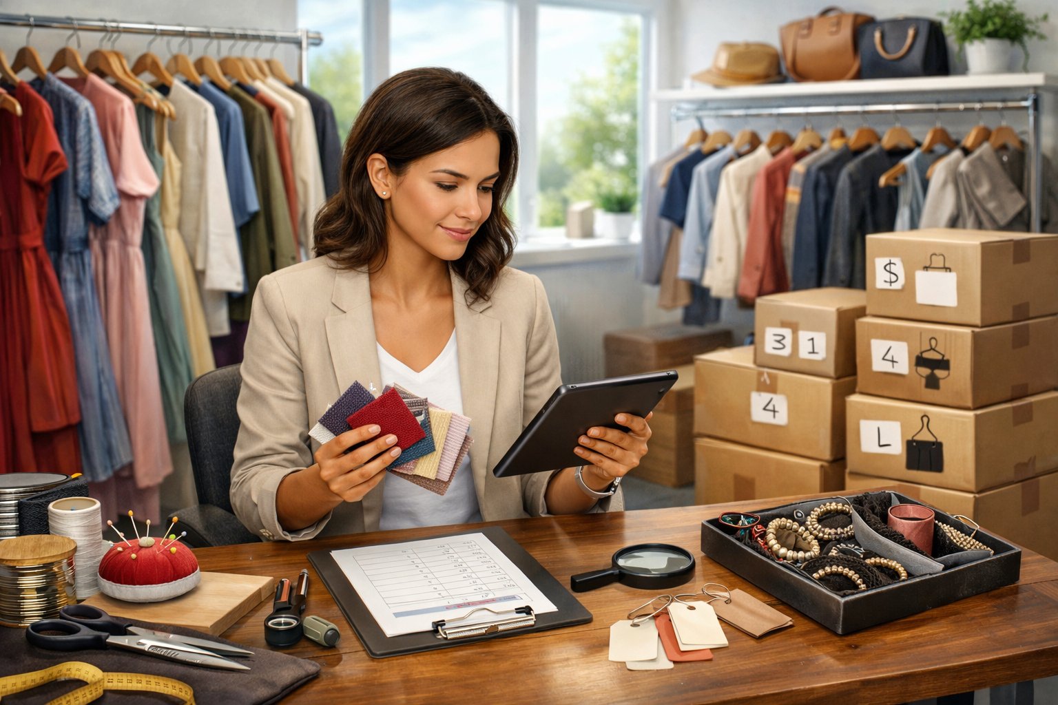 An entrepreneur reviewing clothing items and inventory in a bright office with racks of clothes and organized boxes.