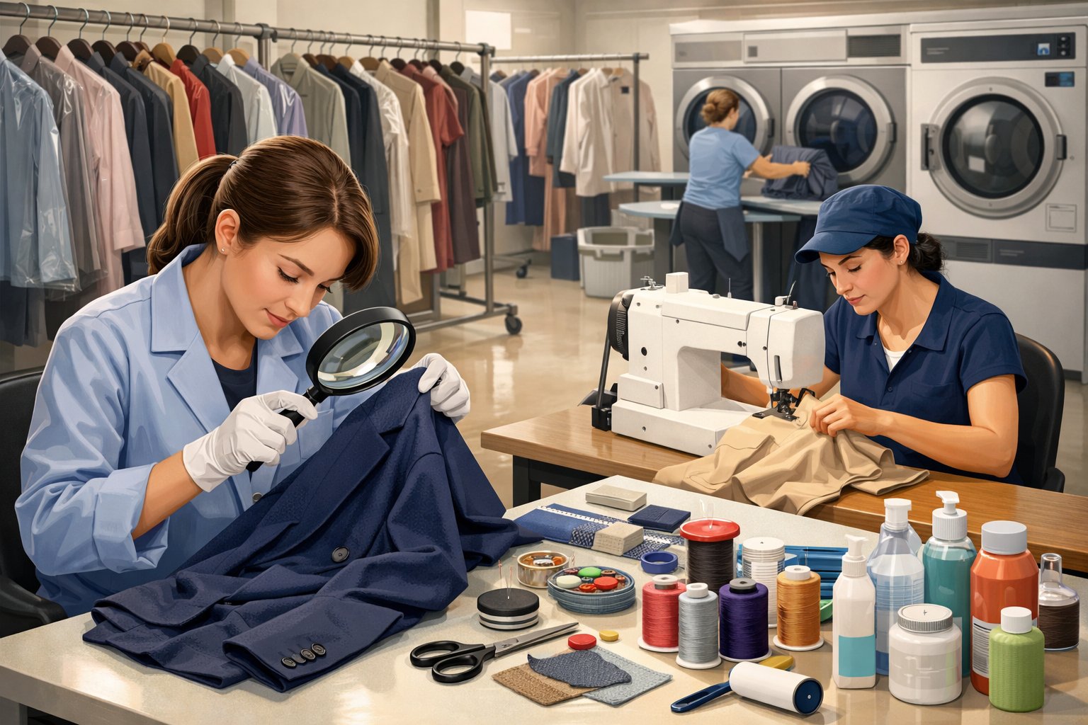 A workspace where workers inspect, repair, and clean clothing items for a rental business.