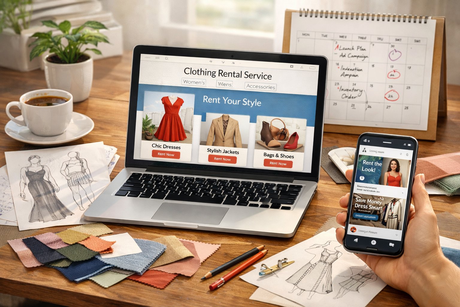 A workspace with a laptop showing clothing rental website designs, a smartphone with social media posts, fashion sketches, fabric swatches, and business planning materials on a desk.