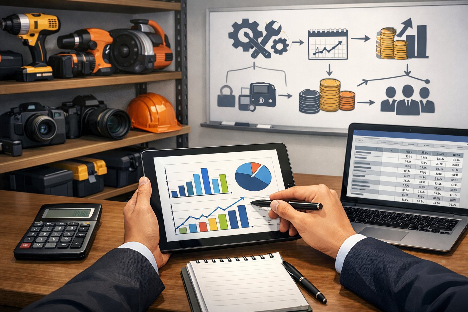 A person reviewing charts and equipment in a workspace filled with rental tools and devices.