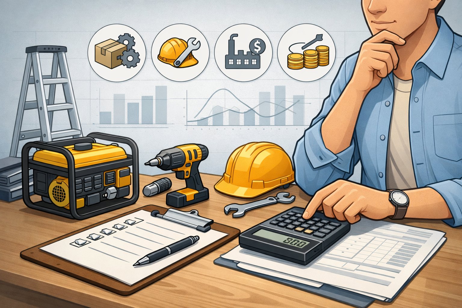 A person calculating costs for rental equipment like a ladder, generator, and power drill on a table with a calculator and checklist, surrounded by icons representing cost components and financial charts in the background.