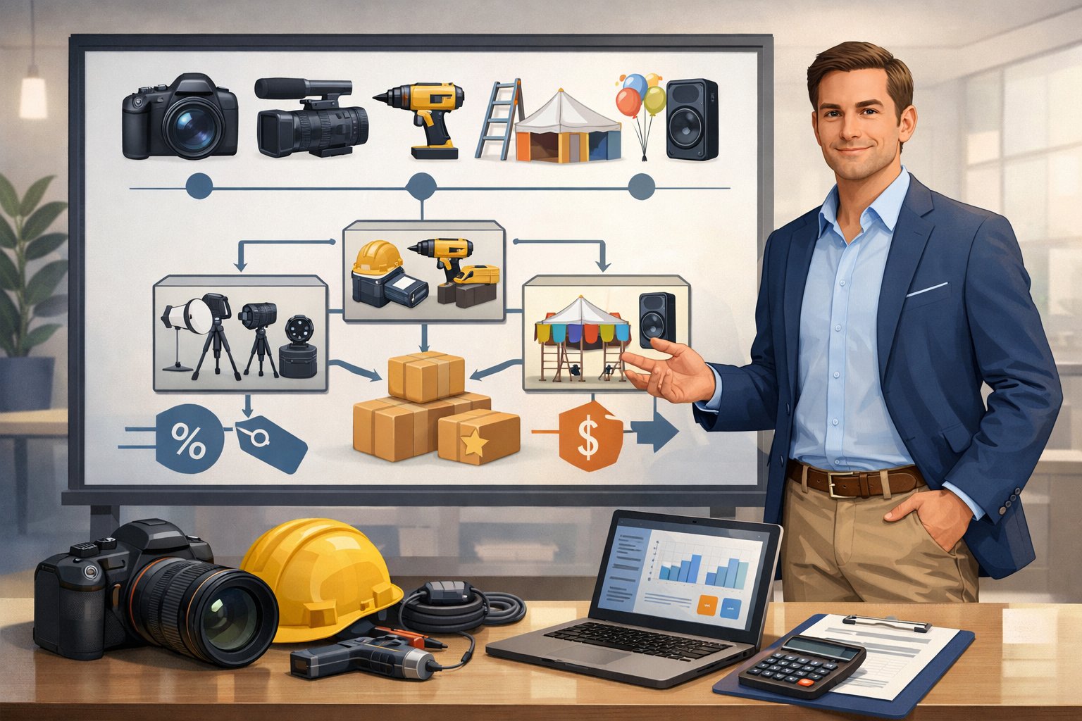 A businessperson stands beside a digital screen showing icons of rental equipment connected by charts representing bundle pricing, with rental items and a laptop on a desk in a modern office.