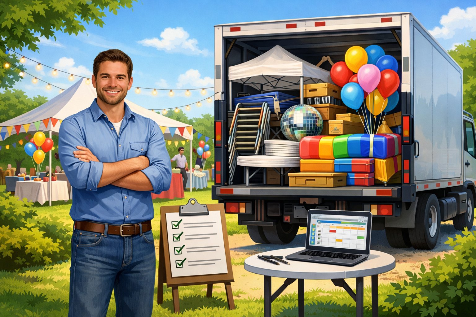 An entrepreneur stands beside a party rental truck filled with party equipment, with a festive outdoor party setup in the background.
