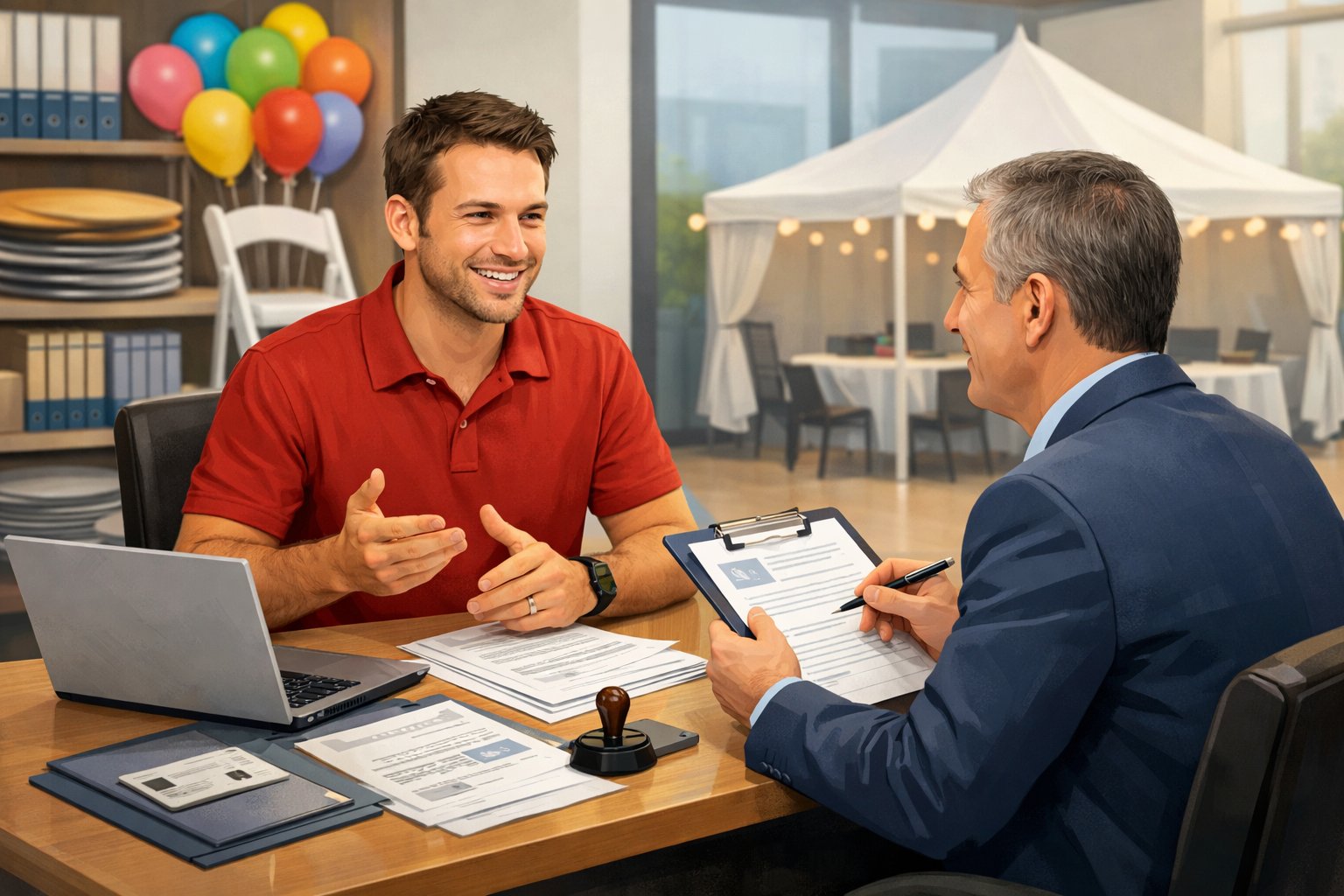 A business owner and a consultant sitting at a desk with documents and party rental equipment in the background.