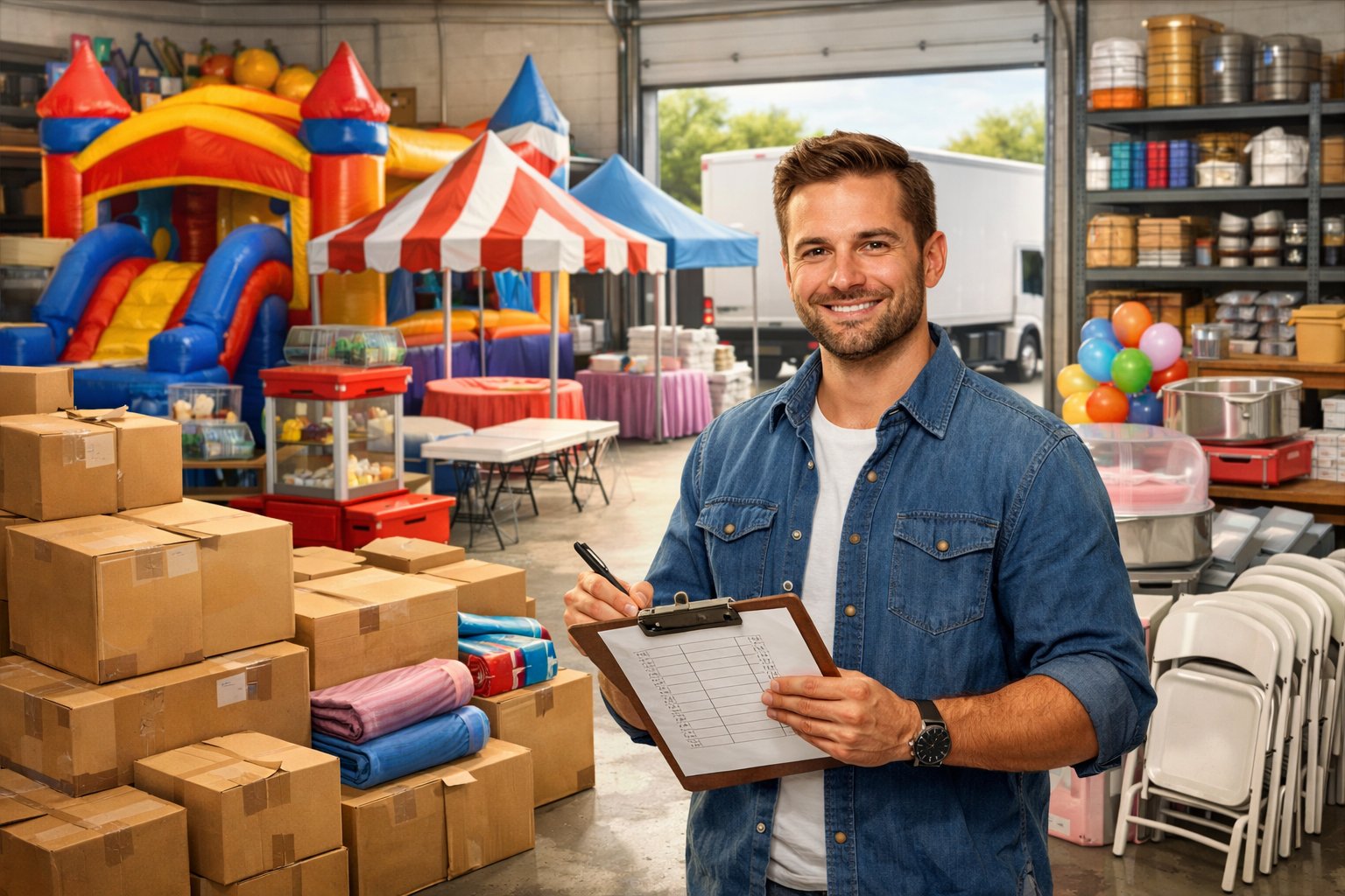 A person reviewing party rental equipment and inventory in a warehouse filled with tents, chairs, tables, and decorations.