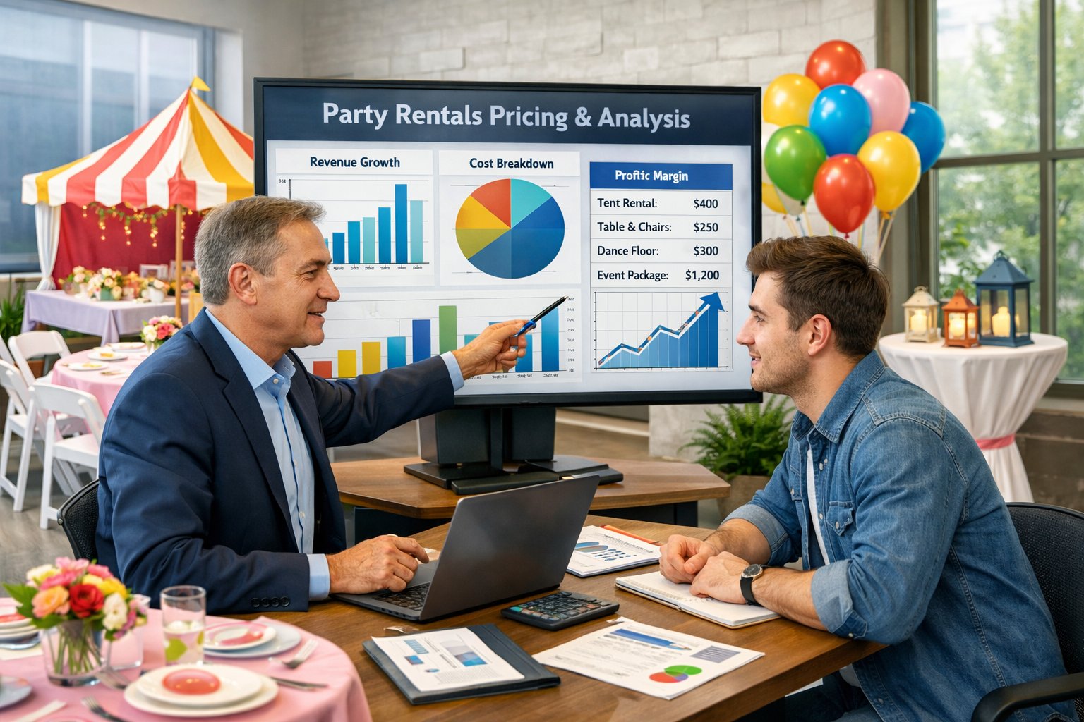 A business consultant advising a young entrepreneur with charts and party rental items in an office.