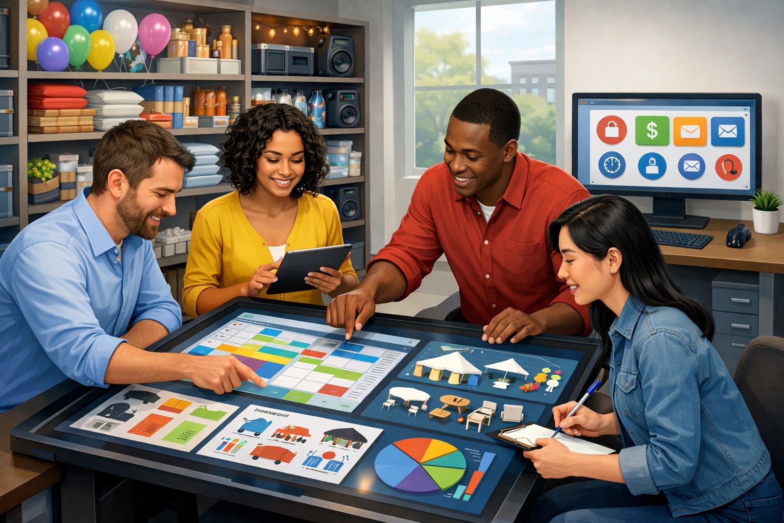 Office scene with a team collaborating around a digital table showing party rental schedules and inventory, surrounded by shelves of party equipment.