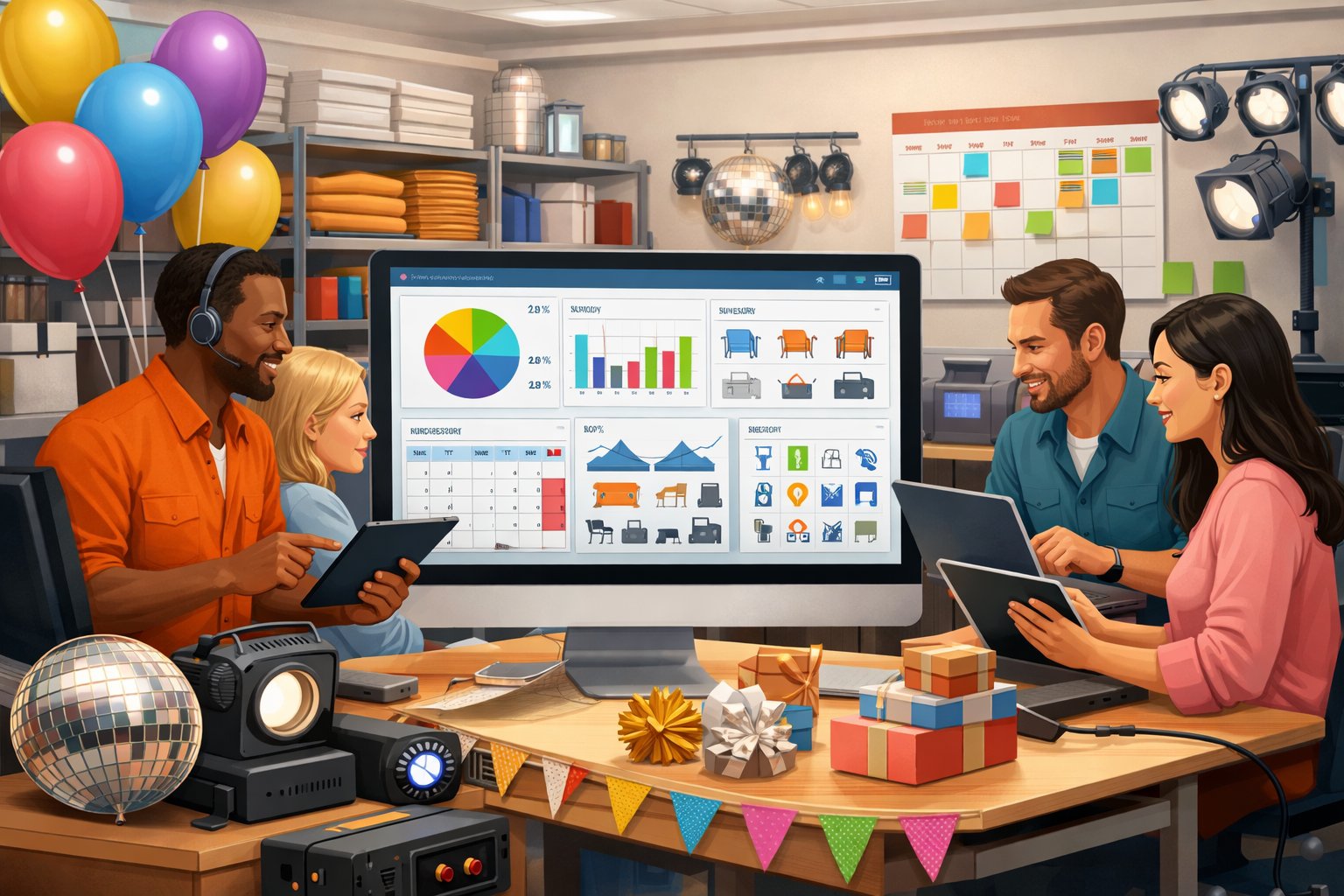 An office scene showing people working with computers and tablets surrounded by party supplies and rental equipment, focusing on managing party rentals.