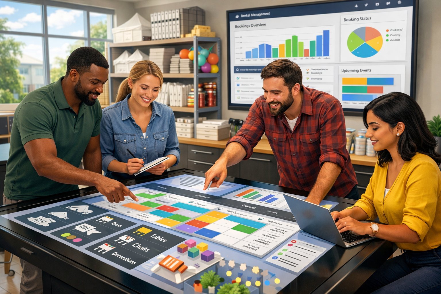 A team of professionals working together in an office with digital screens showing party rental schedules and inventory.