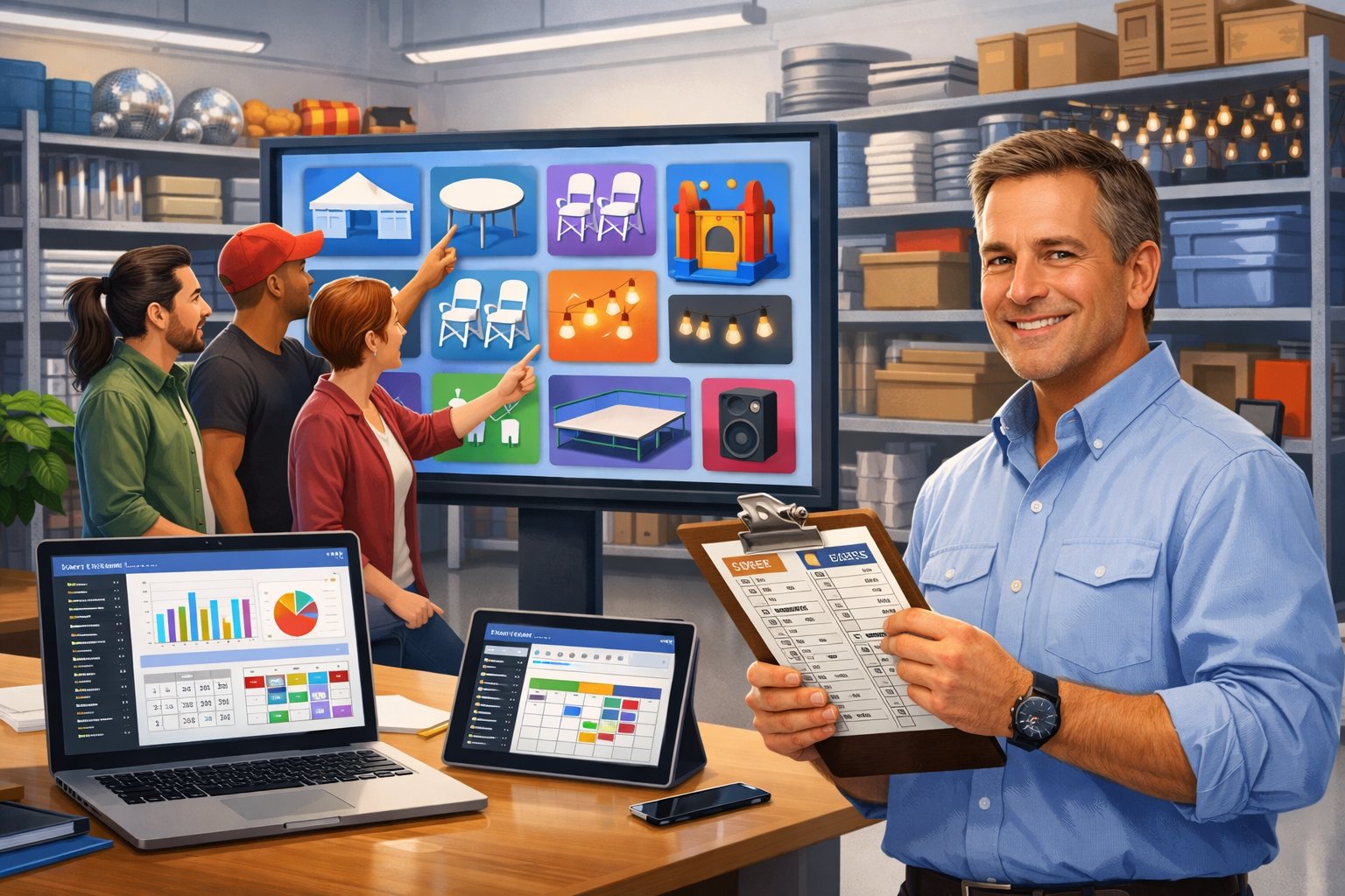 A team working together in an office using digital devices to manage party rental equipment and schedules.
