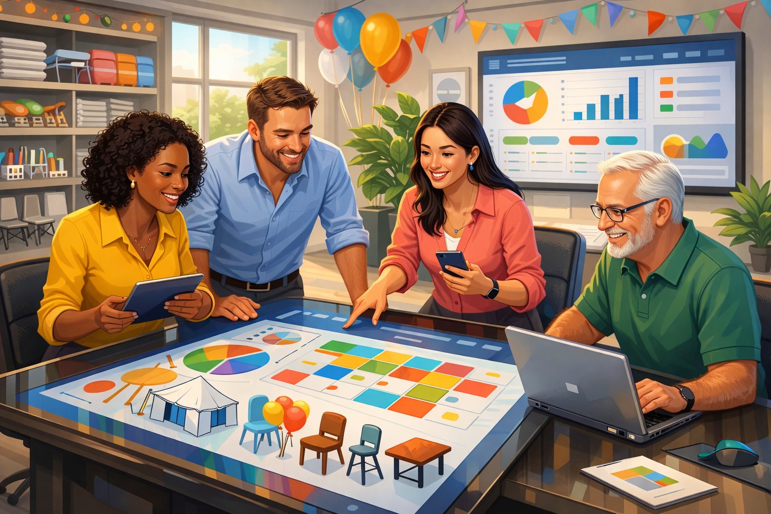 A team of professionals working together in an office with digital screens showing party rental schedules and inventory, surrounded by party equipment and decorations.