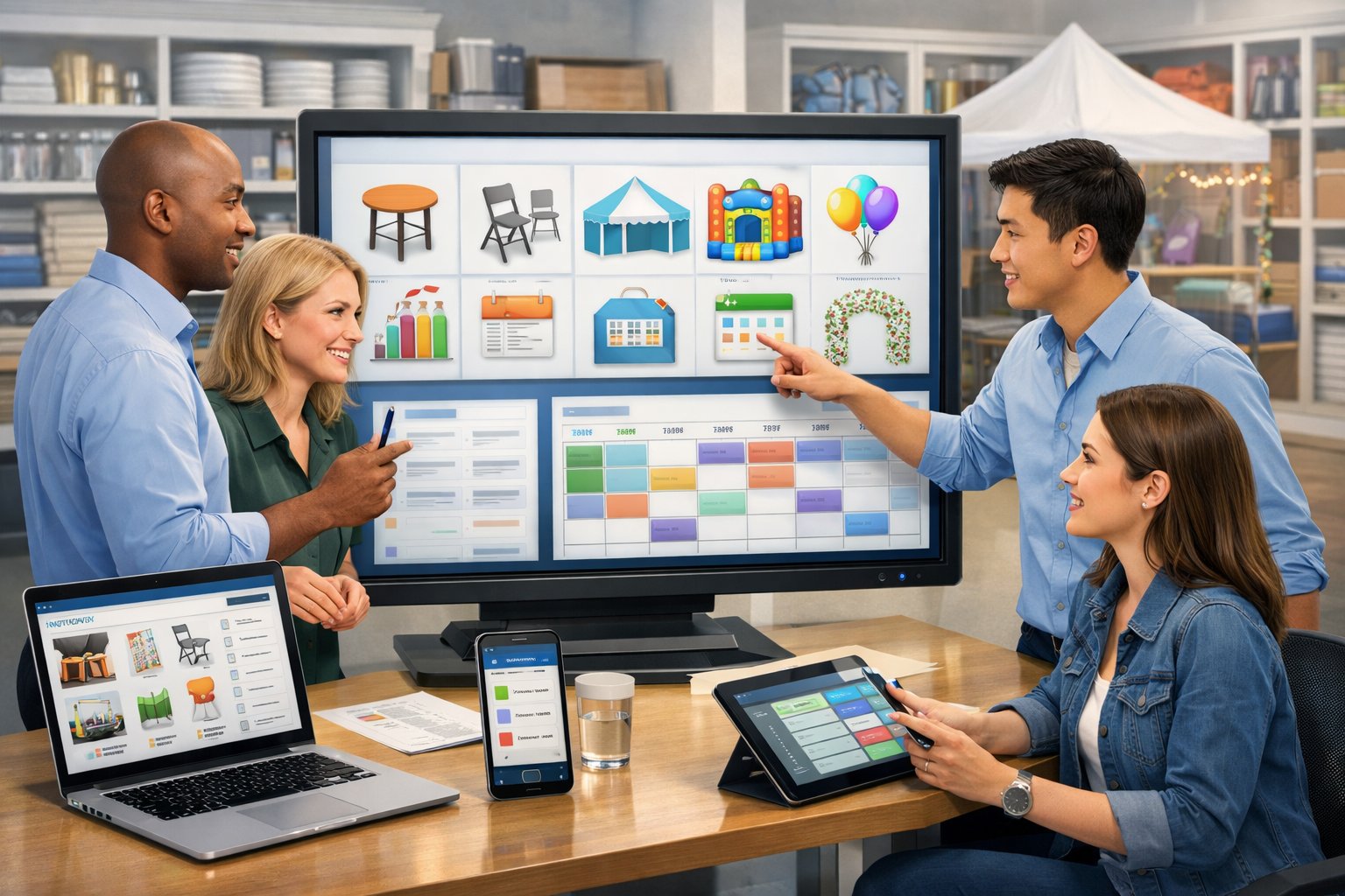A team of professionals working together in an office with digital screens showing party rental equipment and management tools.