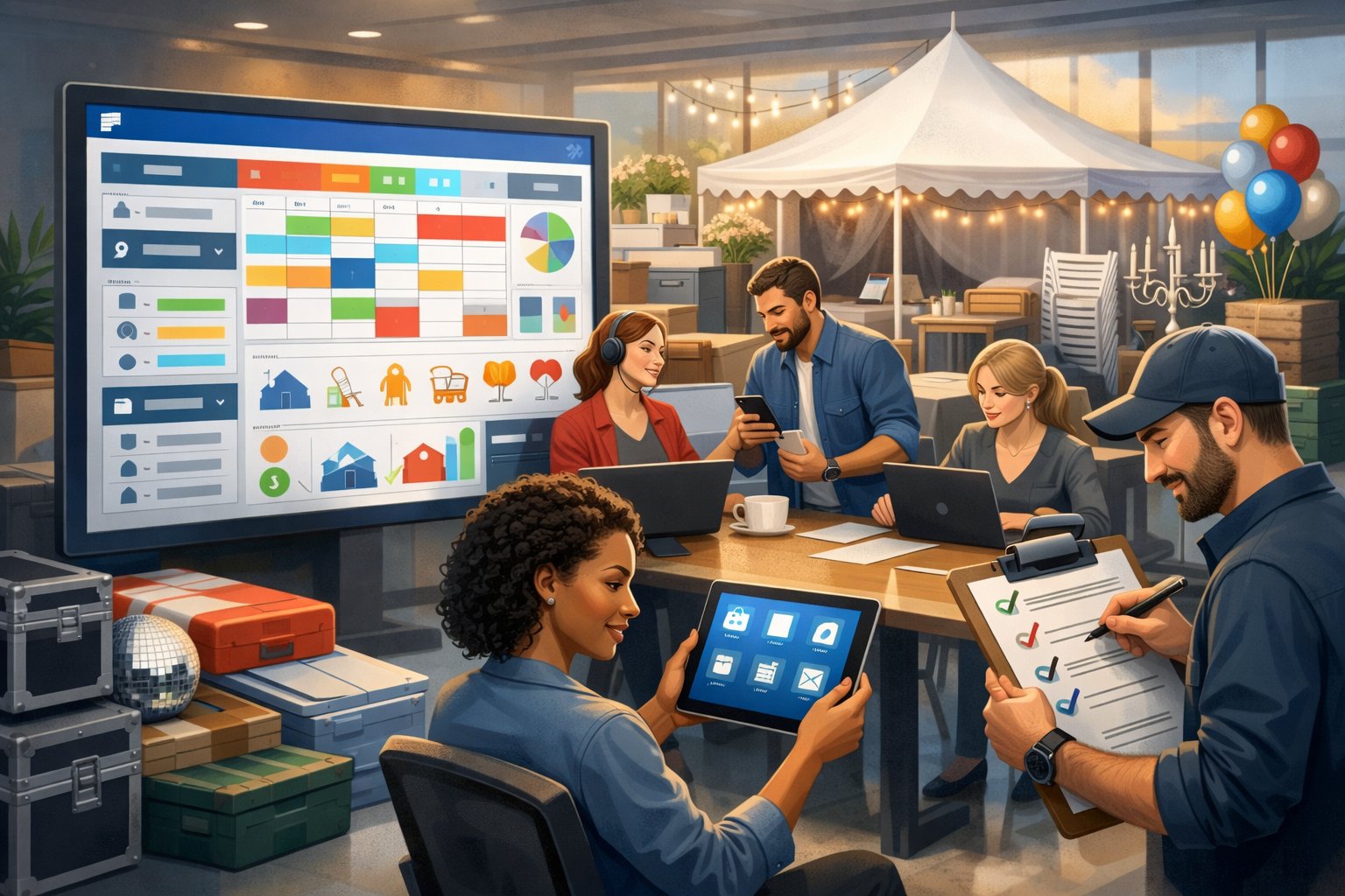 A team of event rental professionals working together in an office with digital screens showing rental schedules and inventory, surrounded by party rental items like chairs and tents.