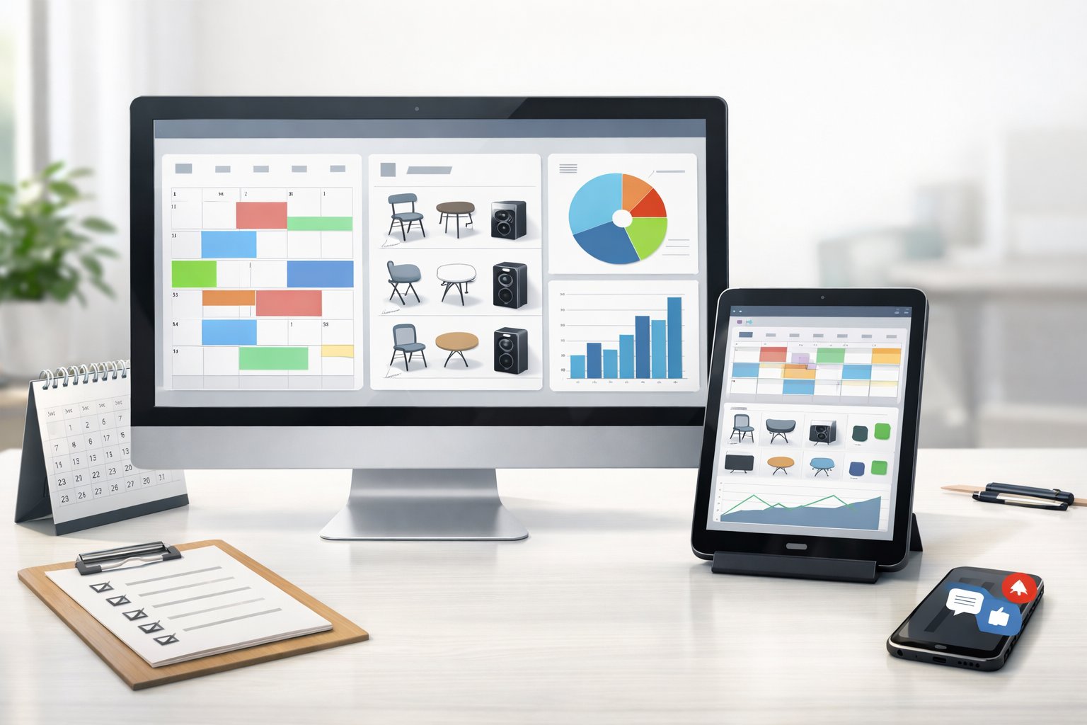A workspace showing a desktop and tablet displaying an event rental management software with calendars, inventory icons, and charts on the screens.