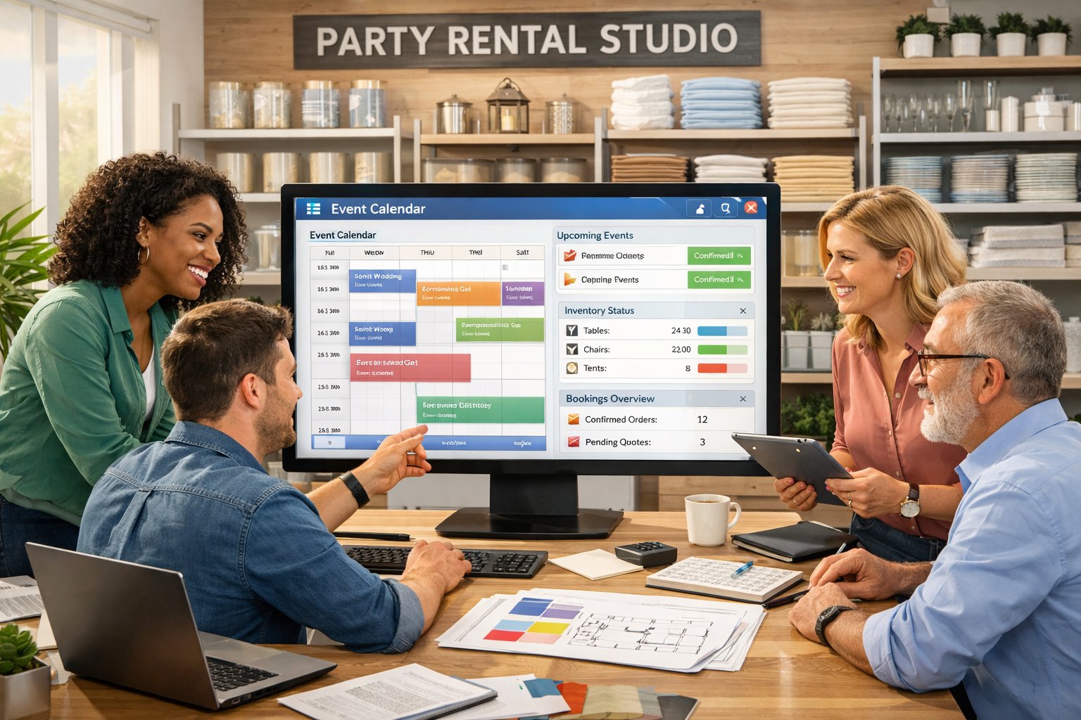 An office where a team collaborates around a computer showing event rental management software, with shelves of party rental equipment in the background.