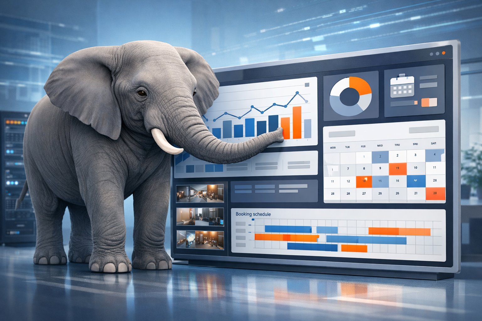 An elephant standing next to a digital dashboard showing event rental management software features in a modern office setting.