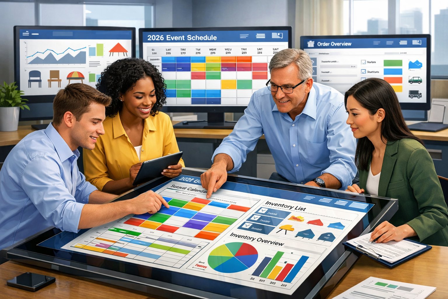 A team of professionals collaborating around a digital table displaying event rental schedules and inventory in a modern office.