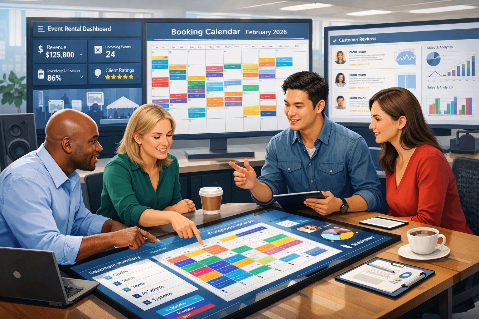 A group of professionals working together around a digital table displaying event rental data and charts in a modern office setting.