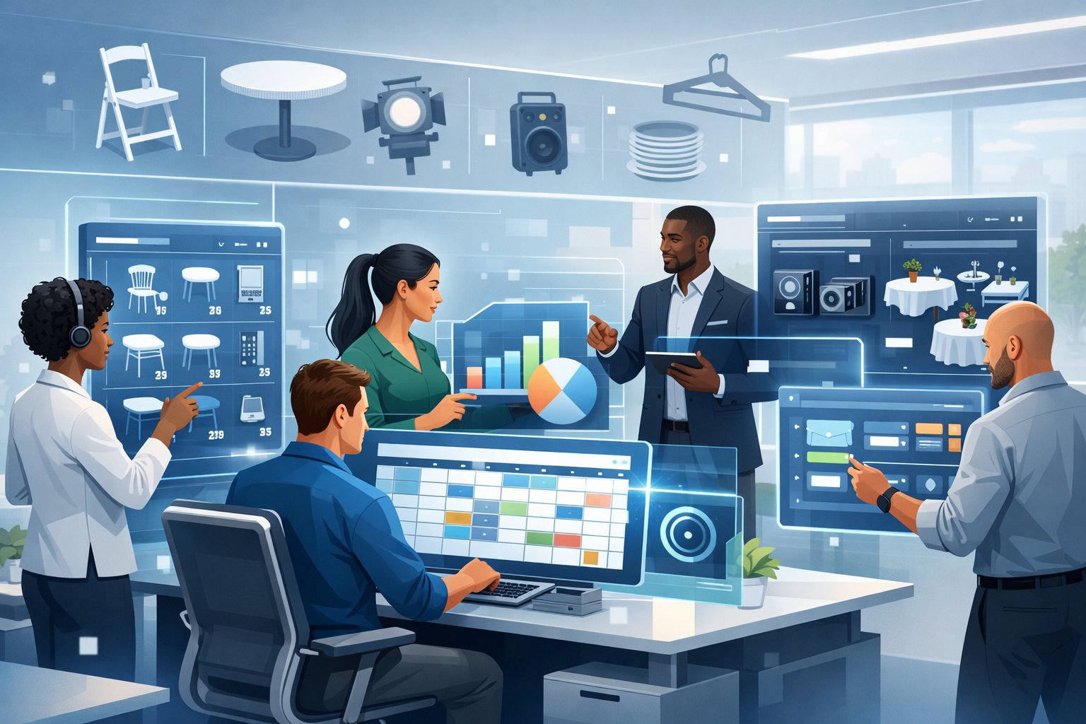 A group of people managing event rental equipment using futuristic digital interfaces in a bright office space.