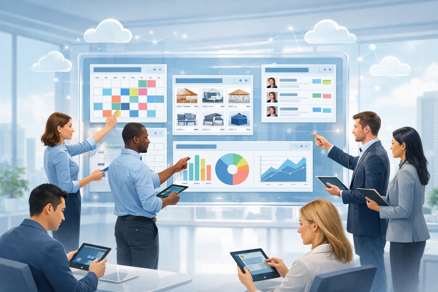 People collaborating around a large digital dashboard displaying event rental management tools with charts and calendars in a modern office setting.