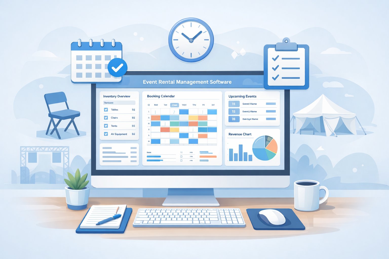A modern office workspace with a computer displaying an event rental management dashboard, surrounded by icons of calendars, checklists, and rental equipment.