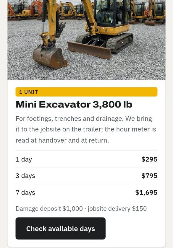 Ridgeline Rentals' mini excavator on a phone, with the deposit line circled as 1 and the button circled as 2