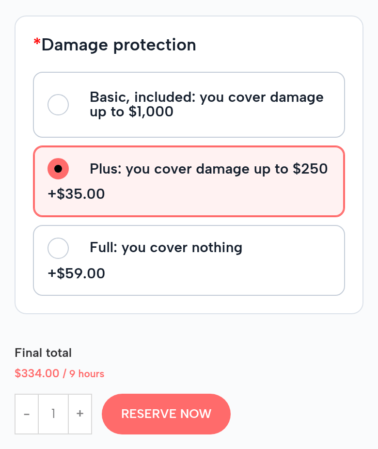 The Two-Seat UTV page on a phone: Damage protection, required: Basic, included: you cover damage up to $1,000; Plus: you cover damage up to $250, +$35.00 (picked); Full: you cover nothing, +$59.00; final total $334.00 for 9 hours; Reserve Now