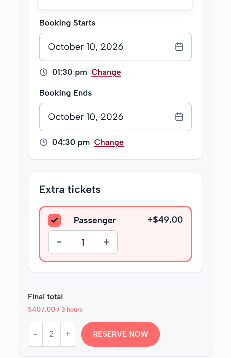 The Saturday 1:30 departure on a phone: October 10, 2026, 1:30 pm to 4:30 pm; Extra tickets: Passenger, 1, +$49.00; 2 drivers; final total $407.00 for 3 hours; Reserve Now