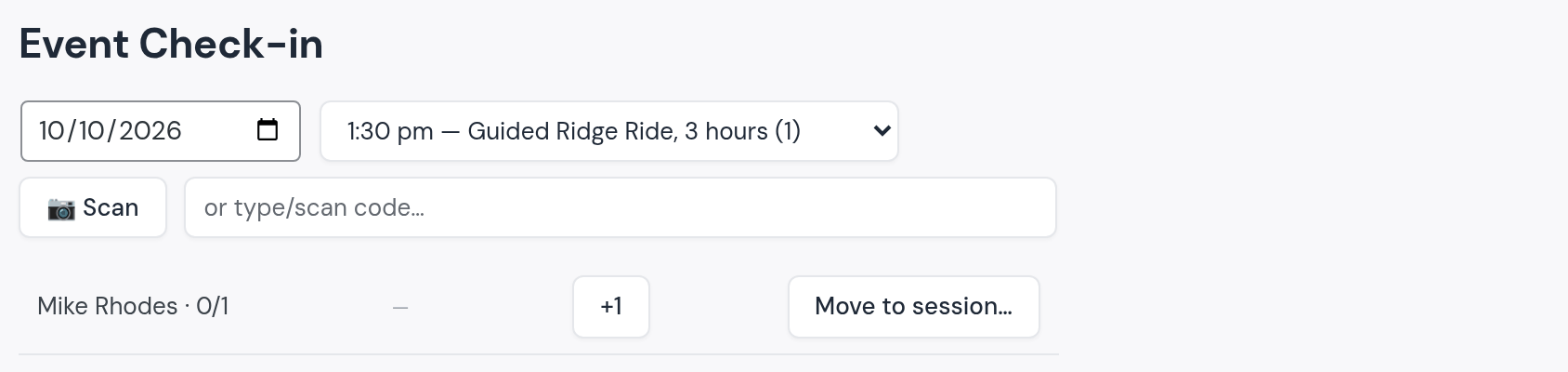 Event check-in for October 9, 2026, the 1:30 pm Guided Ridge Ride: Ashley Ford 0 of 1, No-show, +1, Move to session; Ray Collins 1 of 1 done twice and Tina Ward 2 of 2 done twice (a driver ticket and a passenger ticket each), Undo; Scan, or type a code