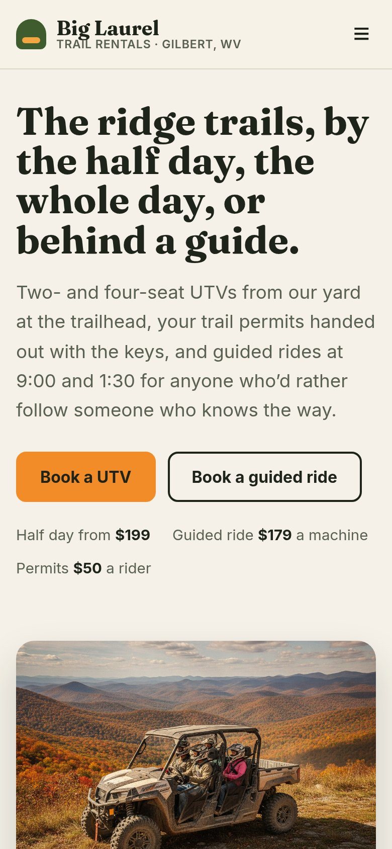 The Big Laurel Trail Rentals website on a phone: The ridge trails, by the half day, the whole day, or behind a guide.