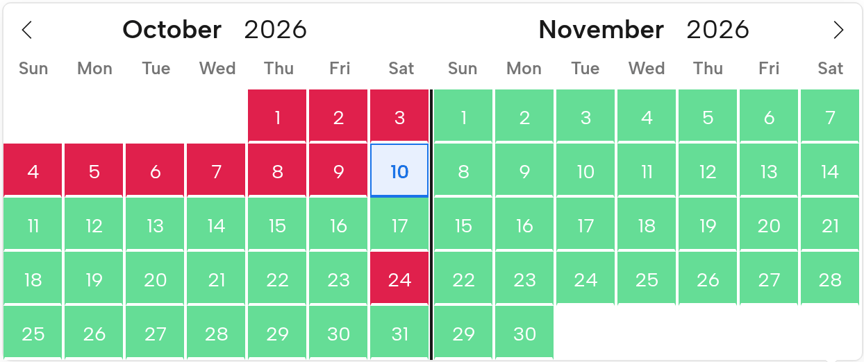 The Weekend PA Kit calendar for October and November 2026: October 24 closed in red, like the days before today; every other day open in green, the 17th included