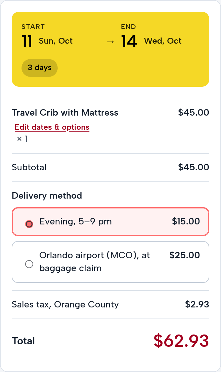 The order summary on a phone: October 11 to 14, 3 days; Travel Crib with Mattress $45.00; Delivery method: Evening, 5–9 pm $15.00 (picked), Orlando airport (MCO), at baggage claim $25.00; no daytime window; Sales tax, Orange County $2.93; Total $62.93