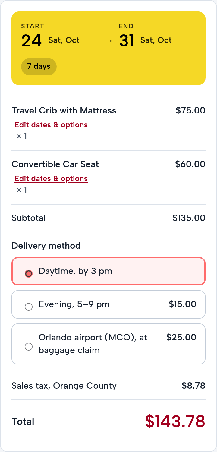 The order summary on a phone: October 24 to 31, 7 days; Travel Crib with Mattress $75.00, Convertible Car Seat $60.00; Sales tax, Orange County $8.78; Total $143.78