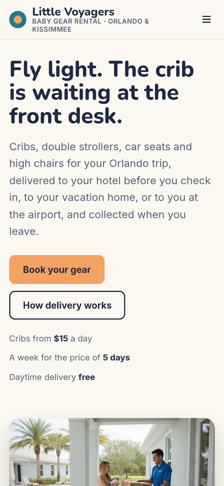 The Little Voyagers Baby Gear Rental website on a phone: Fly light. The crib is waiting at the front desk.