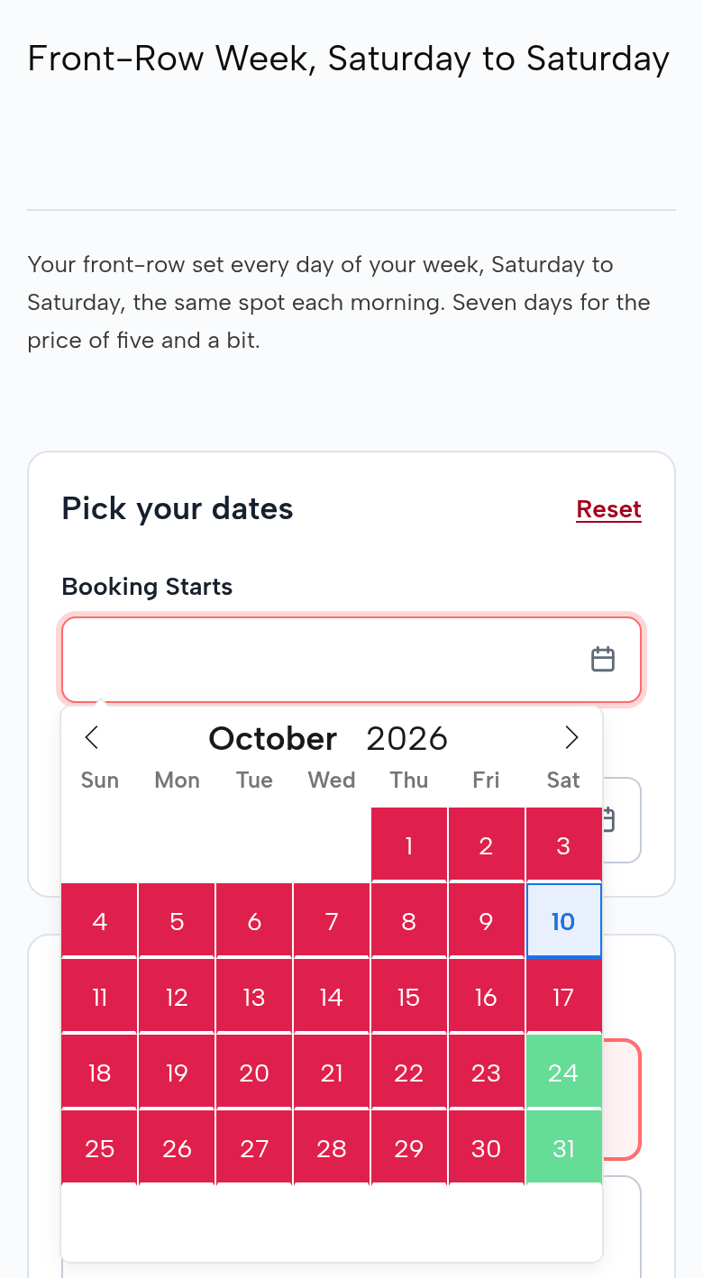 The Front-Row Week page on a phone: the October 2026 calendar with only Saturdays the 10th, 24th and 31st open; the 17th closed (full); every other day closed