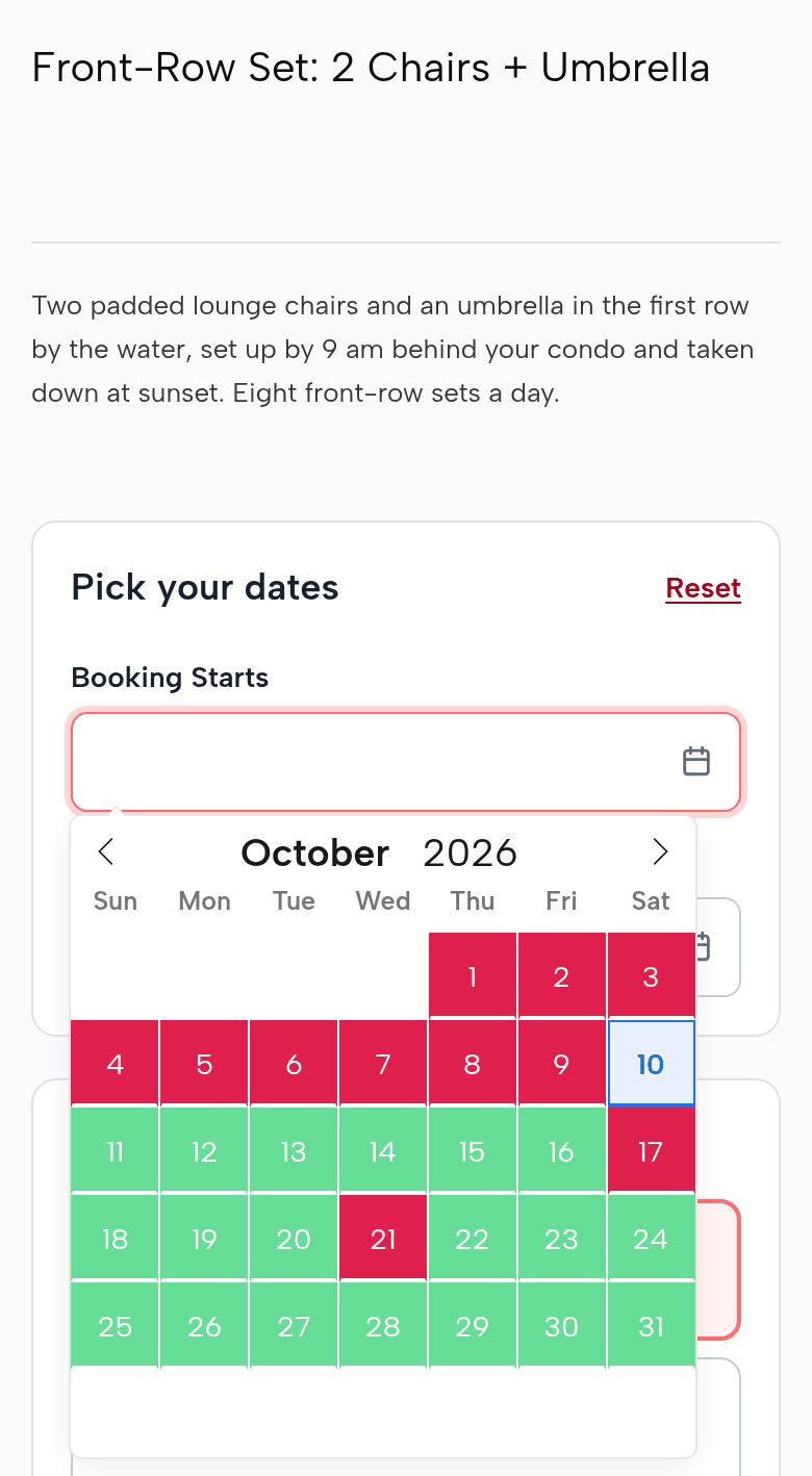 The Front-Row Set page on a phone: the October 2026 calendar with the 17th closed (all eight front-row sets taken by five week sets and three day sets) and the 21st closed (the red-flag day); the other days from the 11th open