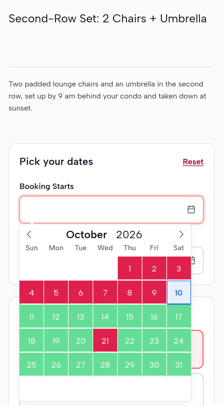 The Second-Row Set page on a phone: the October 2026 calendar with the 21st closed and every other day from the 11th open