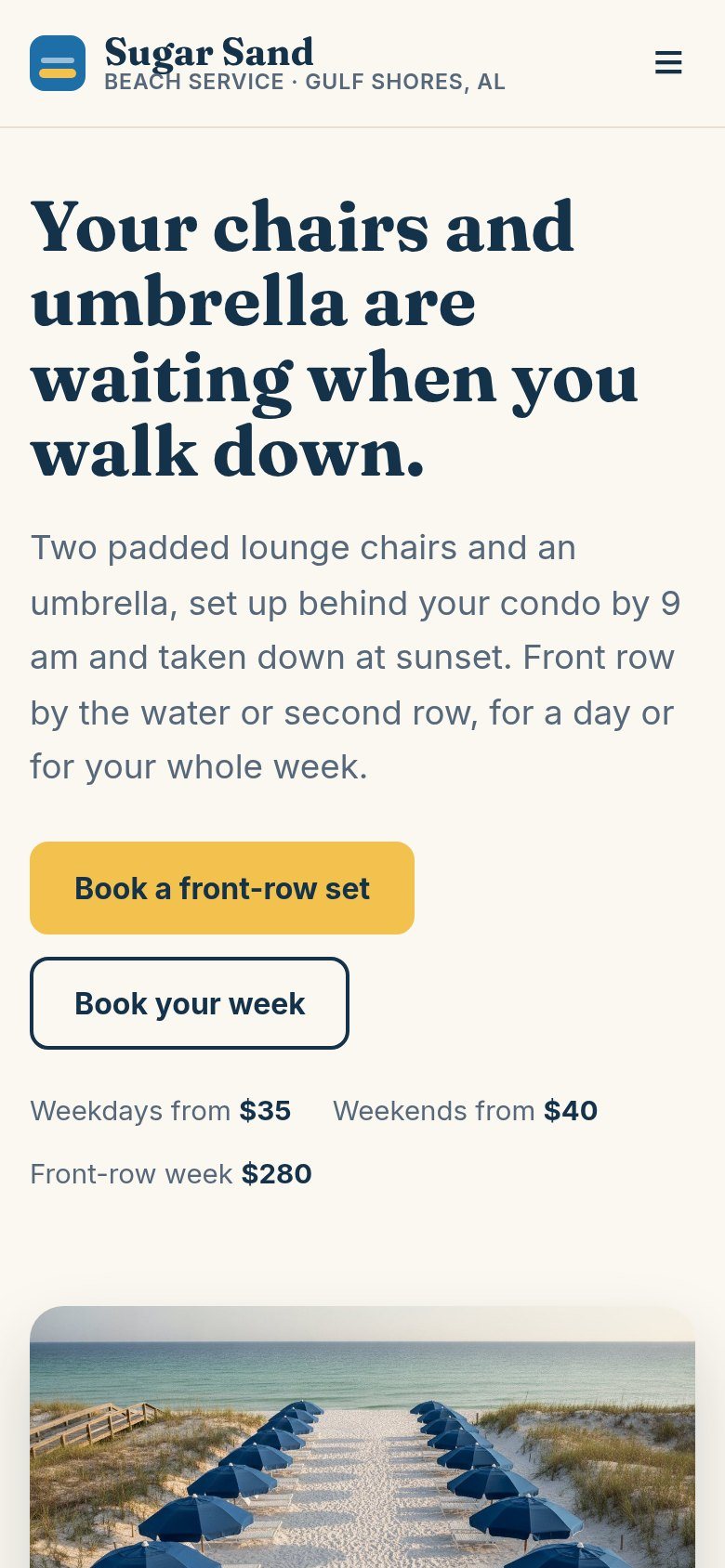 The Sugar Sand Beach Service website on a phone: Your chairs and umbrella are waiting when you walk down.