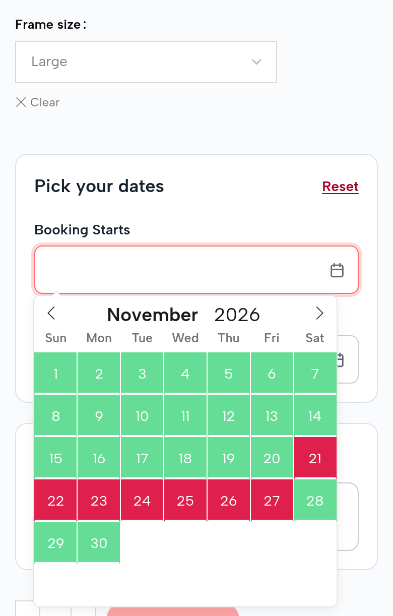 The Beach Cruiser page on a phone, Frame size Large: the November 2026 calendar with the 21st to the 27th closed in red