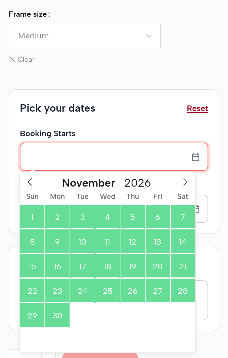 The same page with Frame size Medium: the whole of November 2026 open in green