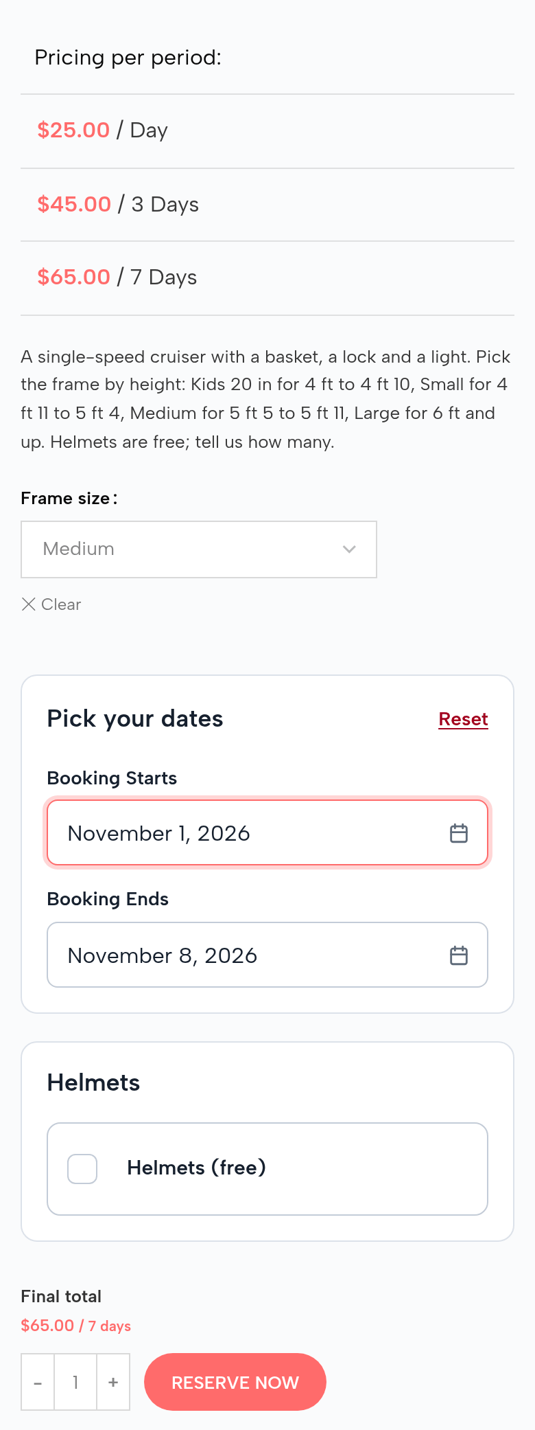 The Beach Cruiser page on a phone: pricing per period $25.00 a day, $45.00 for 3 days, $65.00 for 7 days; Frame size Medium; November 1 to November 8, 2026; Helmets (free); final total $65.00 for 7 days; Reserve Now