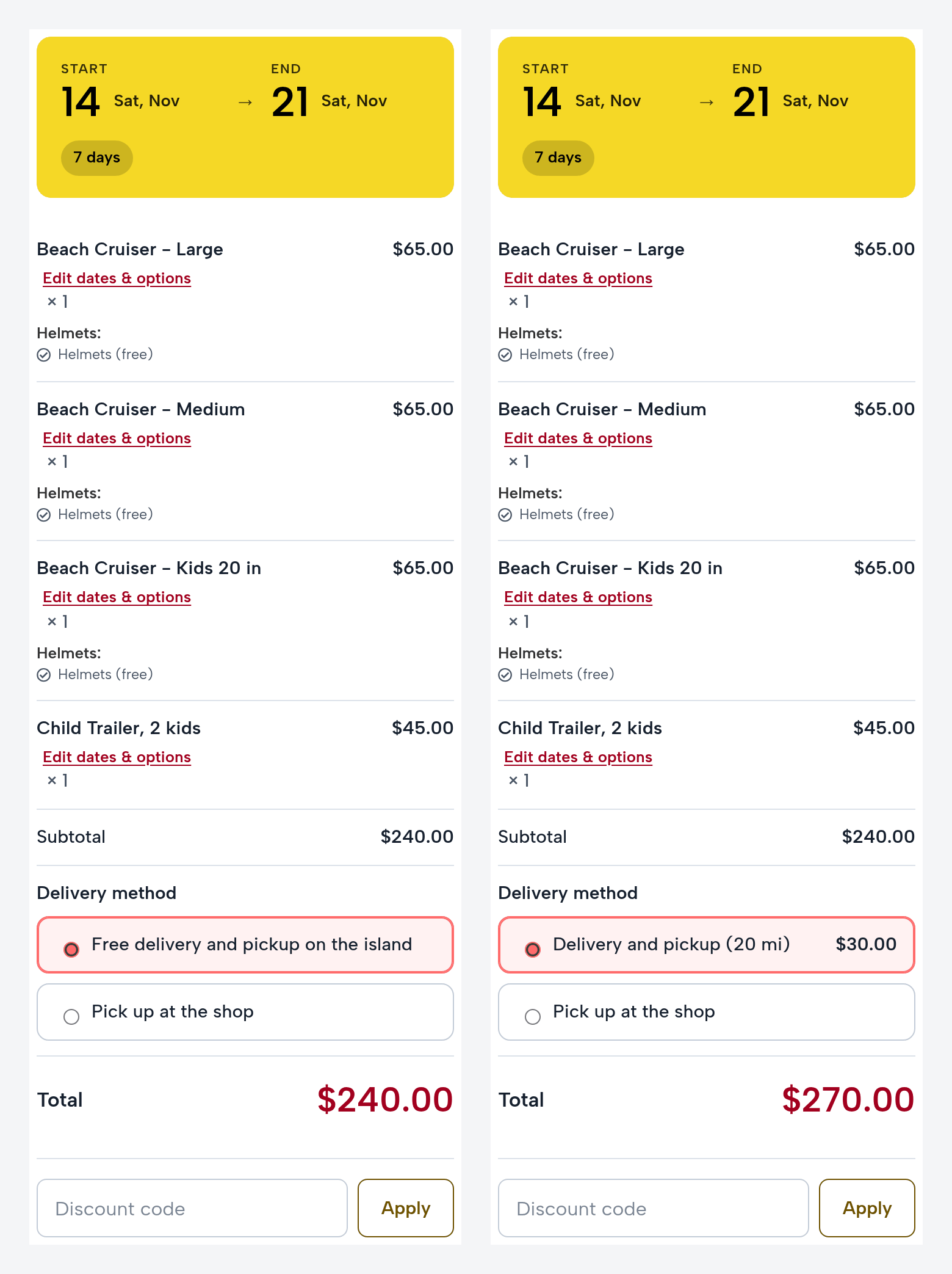 The checkout summary twice, for the same week and the same four lines: with an island ZIP, Free delivery and pickup on the island, total $240.00; with a Bluffton address, Delivery and pickup (20 mi) $30.00, total $270.00; Pick up at the shop under both