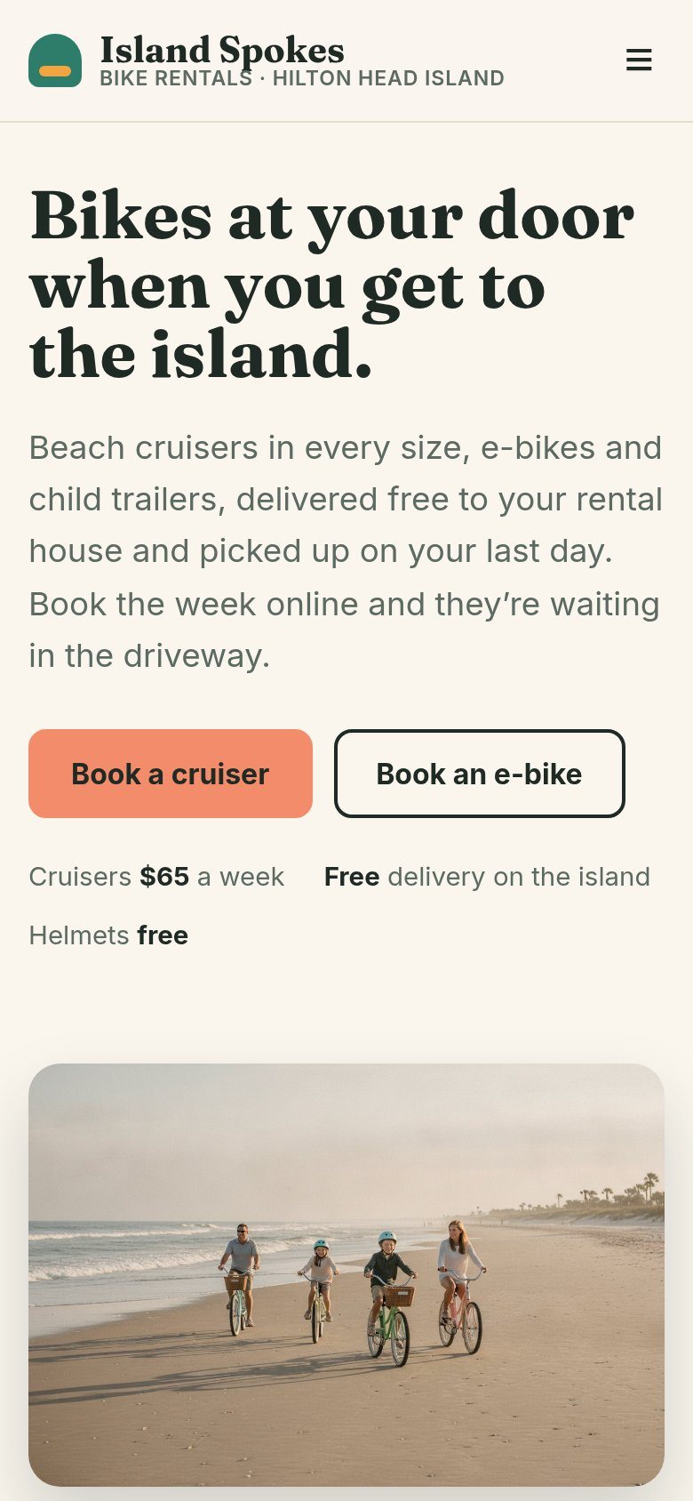 The Island Spokes Bike Rentals website on a phone: Bikes at your door when you get to the island.