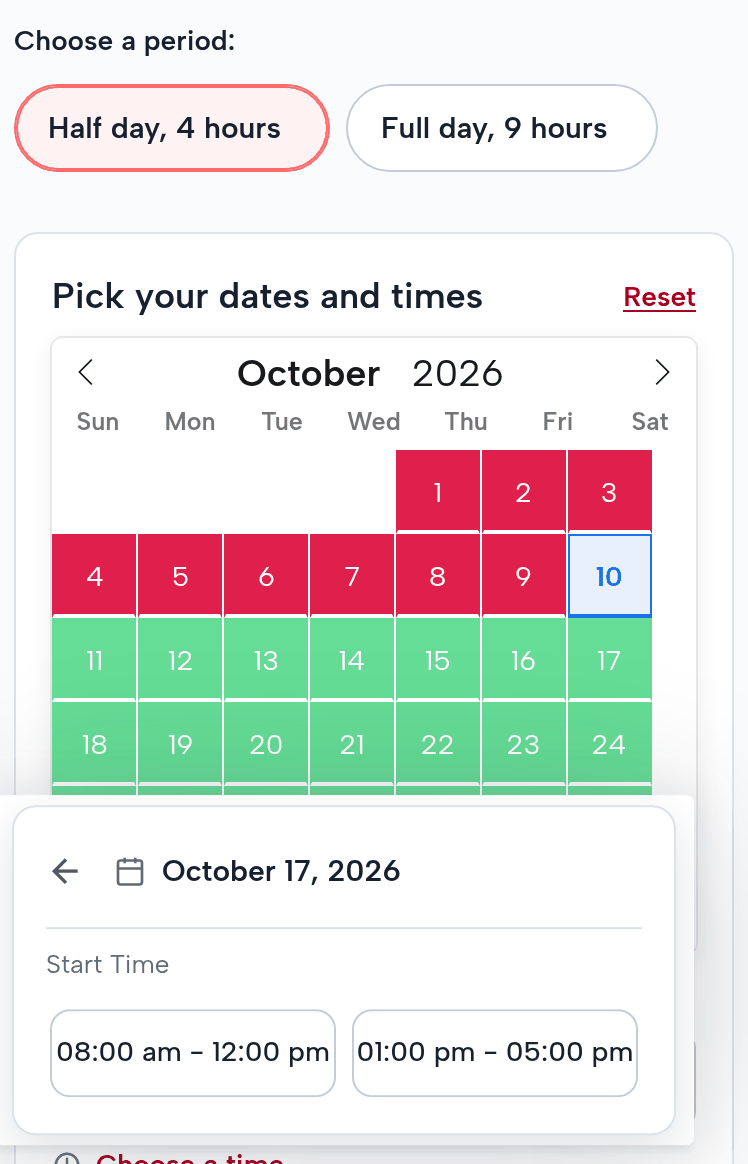 The pontoon page on a phone: Choose a period: Half day, 4 hours (picked) or Full day, 9 hours; the October 2026 calendar; October 17, 2026, start time 08:00 am – 12:00 pm or 01:00 pm – 05:00 pm